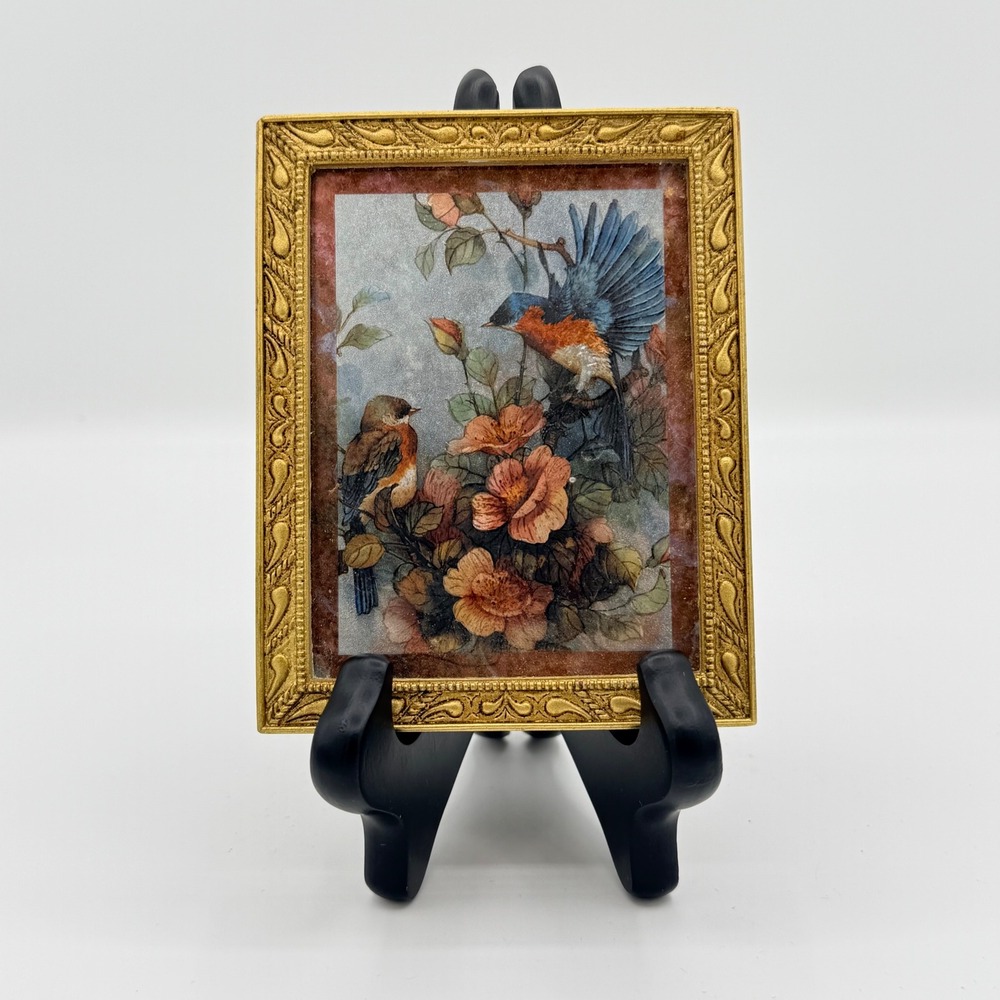 Vintage Enesco Framed Bird Floral Print Made in Mexico Cottage Decor 4.5"